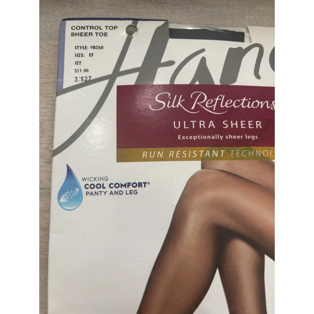 Hanes Silk Reflections Ultra Sheer Run Resistant Pantyhose Jet Black Sz EF‎